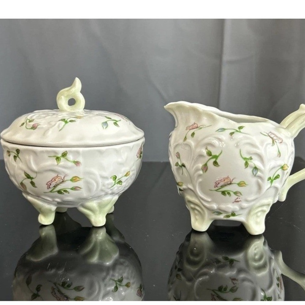 Giftcraft Sugar Bowl Creamer Set Footed Rose Butterfly Porcelain Lissi Kaplan